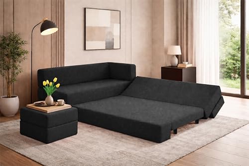 Image of Leg Sofa Cum Bed with Ottoman | Jute Fabric | Multipurpose Folding 3 Seater Sofa Bed 5x6 Ft for Living Room | Space Saving Furniture | Modern Design - Black