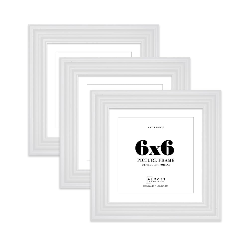 6x6" White Picture Frame - 6x6" Square Frame with 5x5" Mount for 6x6"/5x5" Pictures Classic Style Ideal for Home Gallery Display, 3 Pack