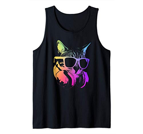 Rainbow Cat Music Hip Hop Amante Retro Kitty Gatos Auricular Camiseta sin Mangas