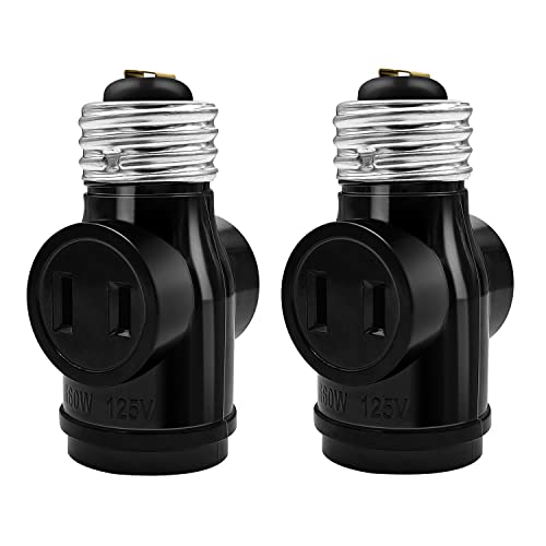 Onite Light Socket Adapter, UL Listed E26 to 2 Polarized Outlet Socket Adapter, Standard (Medium) E26 Base Light Bulb to 2-Prong Outlet Plug Splitter Converter (Black)