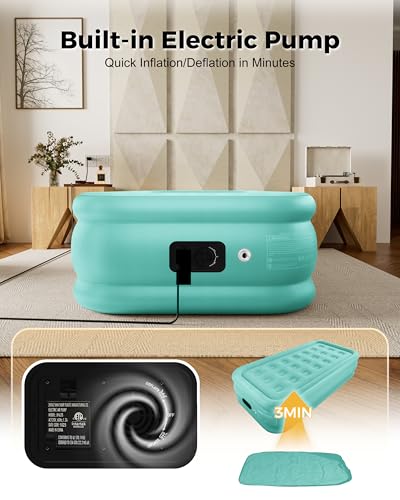 Image of Twin Air Mattress with Built in Pump, Single Blow up Air Bed with Portable Storage Bag, Suitable for Home and Guests, Top Flocking, 18 inch Turquoise Green