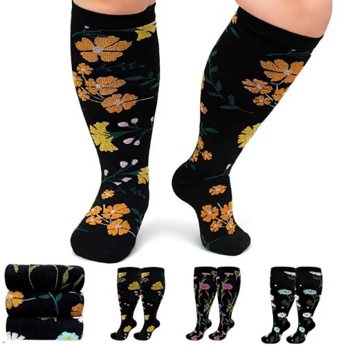Image of Plus Size Compression Socks 20-30mmHg Wide Calf for Men Women, Extra Large Compression Stockings Support for Running, Travel, Nurses, Pregnancy (3 Pairs)
