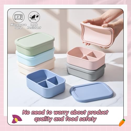 Image of Layhit 6 Pcs Silicone Bento Box for Adults, 27 oz Bento Lunch Container Reusable Food Container for Women Men, Leak Proof Microwave Dishwasher Freezer Safe (3 Compartments,Morandi Colors)