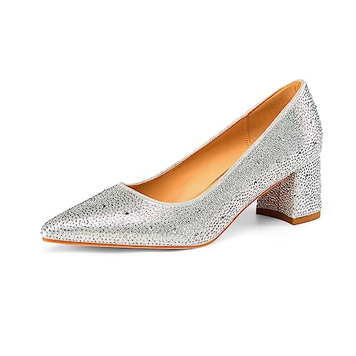 Women's Fashion Sparkly Rhinestone Low Block Heel Pumps Shoes Bling Dressy Suede Pointed Toe Slip-on Chunky Heels for Wedding Party