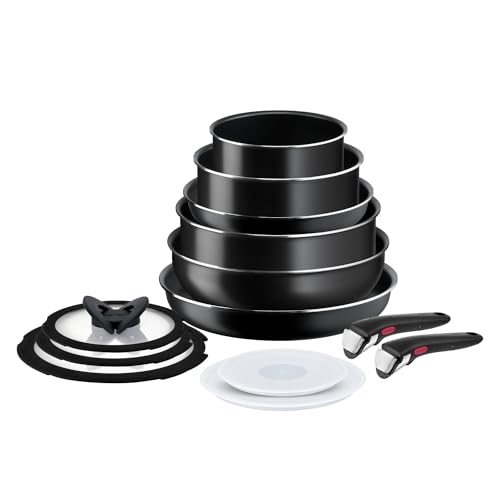 Tefal Ingenio Easy On Lot de 2 poêles + 2 casseroles + wok + cuisinière + 5 accessoires + 2 poignées amovibles, Poêles antiadhésives, Revêtement titane, Ne convient pas pour induction, L1599243