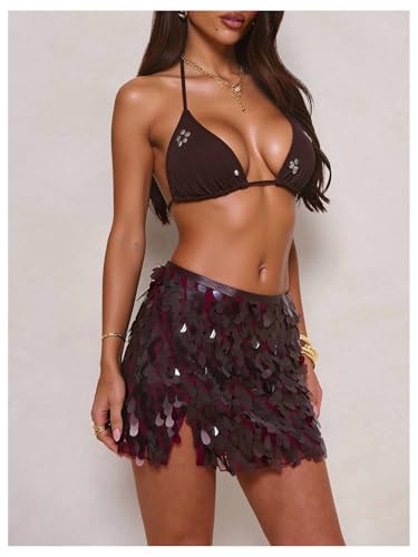 MakeMeChic Women's Sequin Sparkly Mini Skirt Low Waist Split Y2k Party Skirts4