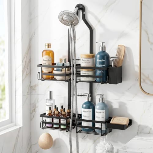 A&O Rustproof Shower Organizer, 2-Tier No-Drill Over Showerhead Bathroom Shelf with Soap & Toothbrush Holder, Black image 2