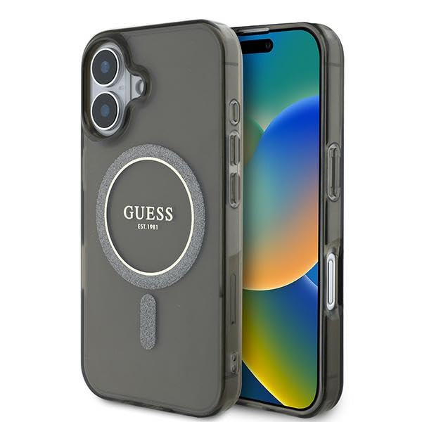 CG Mobile Guess GUHMP16SHFGEREK Coque Rigide pour iPhone 16 6,1" Noir IML Glitter Circle