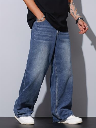 Image of AVANOVA Men's Baggy Fit Jeans- Solid Washed Denim Straight Wide-Leg | Streetwear Casual Dailywear Pants for Men | Trendy Loose-Fit Mid-Waist Denim Trousers (Jeans 247)