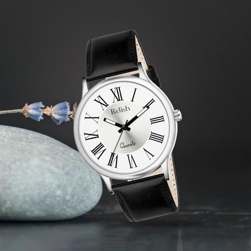Image of Relish Watch for Men & Boys with Grey & Black PU Leather Strap, Quartz Analog Wrist Watch