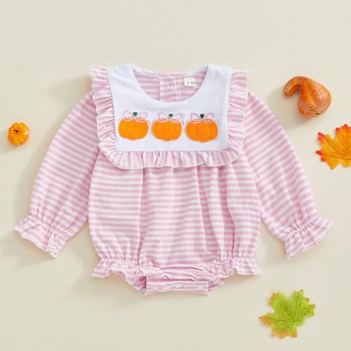 Seyurigaoka Newborn Baby Girl Halloween Outfit Pink Striped Smocked Bubble Romper Bodysuit Halloween Pumpkin Fall Clothes4