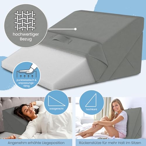 ELONEO Multifunktionales Keilkissen, Rückenkissen, Kniestütze, Beinstütze, Venenkissen für Couch und Sofa, Lesekissen, Größe W55 x H56 x L30. 5 cm, Grau