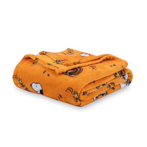 Berkshire Blanket Peanuts VelvetLoft Cute Character Snoopy Plush Throw Blanket Snoopy and Woodstock Fall Birds & Leafs Orange Throw 55 in x 70 in (Official Peanuts Product)