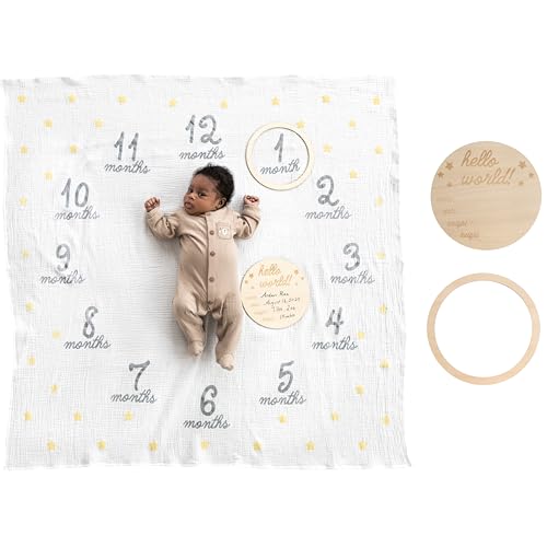 Image of Pearhead Hello World Milestone Blanket and Prop, Baby Monthly Milestone Updates, Growth Blanket with Photo Posing Props, Ideal, Perfect Newborn Gift and Nursery Decor