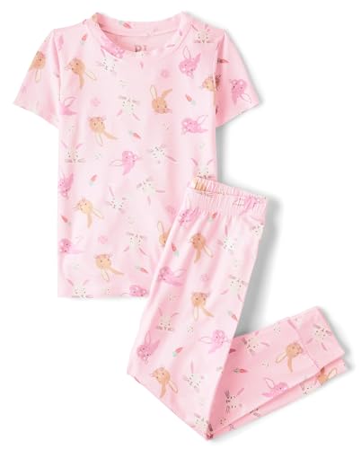 The Childrens Place Girls 100% Cotton Short Sleeve Top and Pants 2 Piece Pajama Set Spring Pink 10
