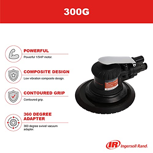 Ingersoll Rand 300G Edge Series 6" Air Random Orbit Sander With 360 Degree Swivel Vacuum Adapter, Powerful 1/5 Hp Motor, Lightweight, Low Vibration, Diffused Rear Exhaust, Black #TOP5