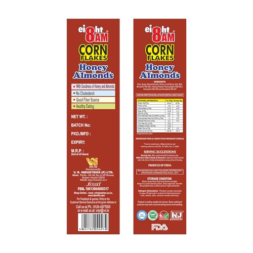 Image of 8:00 AM Corn Flakes Honey & Almond 300 Gram (Pack Of 3), No Cholesterol, Trans Fat, Artificial Additives, Source Of Fiber, Iron & Calcium, Crunchy & Nutritious Whole Grain Breakfast Cereal