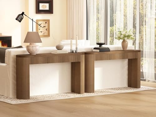 Image of Solid Wood Console Table with Drawer - 55 Inches Mid Century Foyer Table, Modern Fluted Entryway Hallway Minimalist Sofa Table, Oval with Drawer