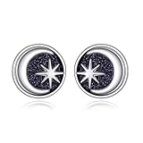 VONALA Pendientes de tuerca pequeños de plata de ley 925 con diseño de sol y luna negra, hipoalergénicos, regalos para familiares y amigas