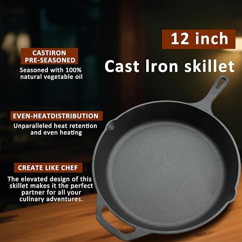 12 Inch Cast Iron Skillet, Pre-Seasoned Frying Pan for Oven, Stovetop, Grill & Campfire, Durable, Non-Toxic, Even-Heating Cookware, Black
