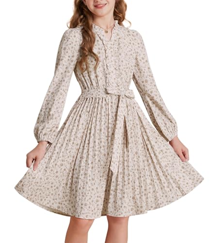 GRACE KARIN Vestido plisado de manga larga para niñas con cuello alto cintura elástica una línea, albaricoque, 12 años