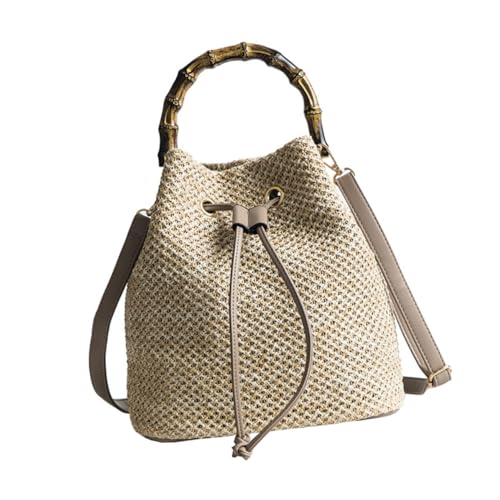 Sac en paille à main et bandoulière style seau tissé femme pour la plage