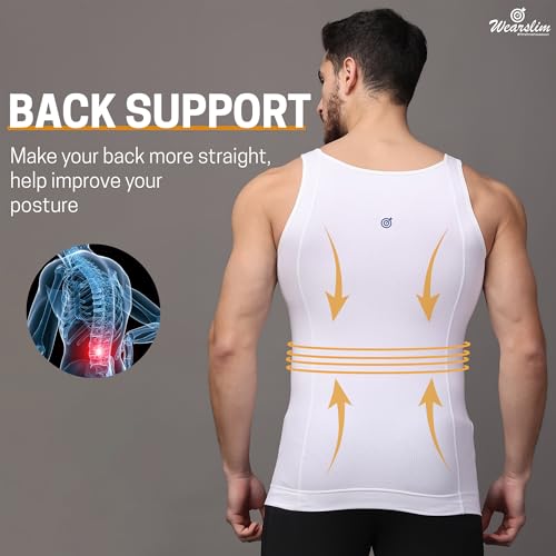 Image of Wearslim Premium Men's Super Combed Cotton Elastene Stretch Fabric Tummy Tucker Vest for Man with Extended Length for Easy Tuck | Gynecomastia Compression Body Shaper Vests for Men (Pack of 2 - B&W)