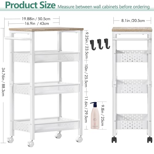Image of Vivihomety Utility Slim Storage Cart with Wheels, 4 Tier Small Rolling Cart with Wood Top, Metal Kitchen Bathroom Laundry Room Organization Trolley with Handle for Narrow Space - White