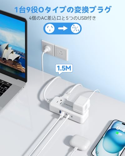 オーストラリア 変換プラグ O型 海外旅行用 変換アダプター 1.5m延長コード付き｜AC差込口4個＋USBポート5個（USB-C×3）｜オーストラリア/ニュージーランド/中国/アルゼンチンなどの国に対応