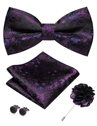 JEMYGINS Floral Pre-tied Purple Bow Tie and Pocket Square Cufflinks Lapel Pin Sets for Men(43)