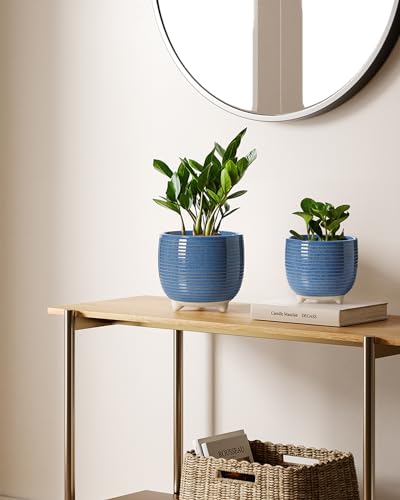 LE TAUCI Pot de Fleurs en Céramique, Pots sur Pieds 13+16 cm pour Plantes, Moderne pour la Maison et Le Bureau, Pot d’Intérieur avec Trou de Drainage, Bleu à Émail Réactif – Image 4