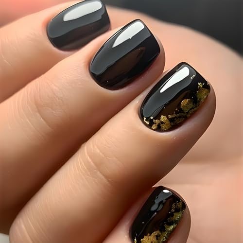 Black Press on Nails Short Square Fake Nails Gold Foil Glue on Na...