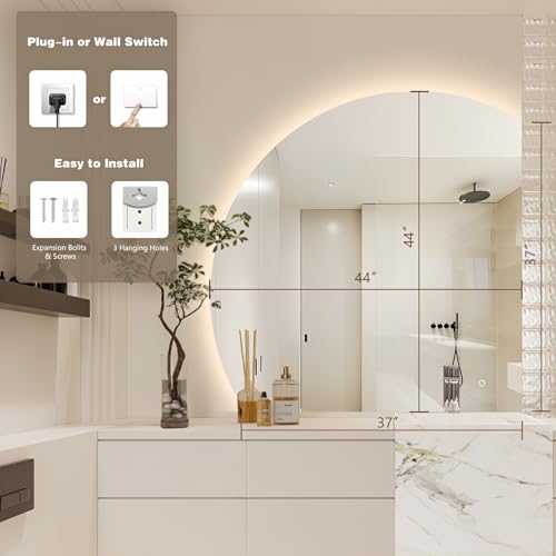 44" Led Btathroom Mirror with Lights, Half Moon Backlit Vanity Mirror for Wall, Frameless Anti-Fog Smart Mirror, 3 Colors Stepless Dimmable, Waterproof, Shatterproof, Memory, Right/Left Cut - Image 4