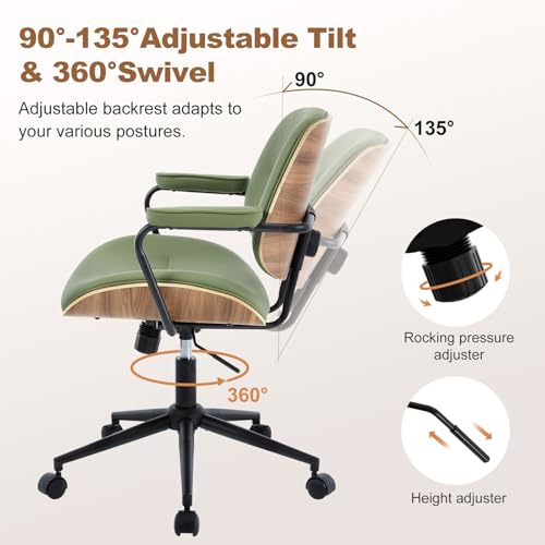 Image of Mid Century Modern Office Chair with Adjustable Backrest, Wooden Desk Chair with Armrests, Swivel Height Adjustable Home Office Chair, Comfortable Task Chair for Home Office, Green