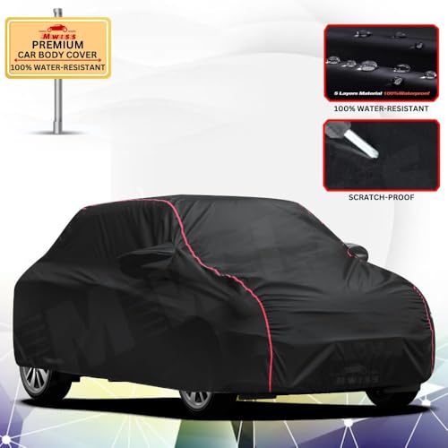Image of MWISS Waterproof Car Cover for Land Rover Discovery | All-Weather Protection, Dustproof & UV Resistant | Triple Stitched Mirror Pockets, Windproof Buckle Strap with Elastic Hem, Black-Red Piping
