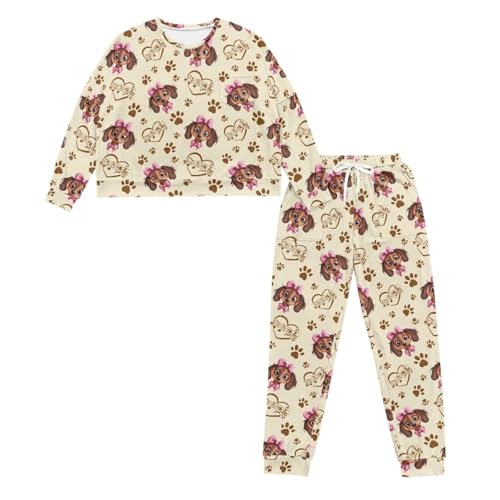 Image of Dachshund Paw Print Women's Pajama Sets Long Sleeve Sleepwear with Long Pants Crew Neck Nightwear with Pocket Loose Fits Loungewear, L