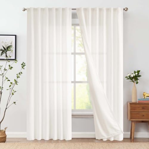 Image of jinchan Lined Linen Curtains Privacy Back Tab 50x84 Inch 2 Panels Set White