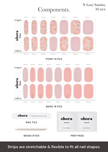 Ohora Semi Cured Gel Nail Strips (N Lazy Sunday) - Works With Any Nail Lamps, Salon-Quality, Long Lasting, Easy To Apply & Remove - Includes 2 Prep Pads, Nail File & Wooden Stick - Pink #TOP3