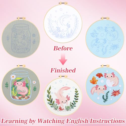 Image of Mindsoft 3 Set Needlepoint Kit for Beginners with Hoop,Axolotl | Bamboo Hoop Thread Needles Instructions, Easy Hand Embroidery for Beginners Home Crafts,Pre-stamped Funny Cute Designs