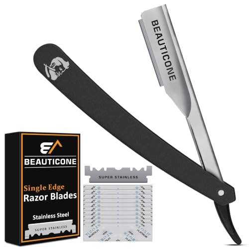 BEAUTICONE® Straight Razors for Men – Professional Barber Straight Edge Razor Kit with Replaceable Single Edge Blades - Navajas Para Barbero - Pouch Gift Box (Black (Mirror Finish))