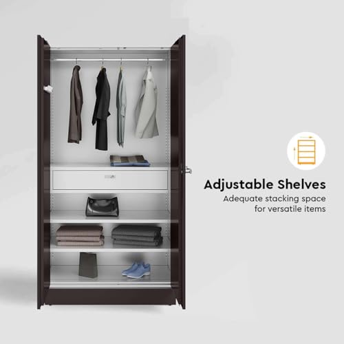 Image of Interio by Godrej Auraline Men Basic 2-Door Steel Almirah | Cupboard for Clothes, Textured Coffee Brown, 1-Year Warranty, 3 Shelves, 1 Drawer and Mirror