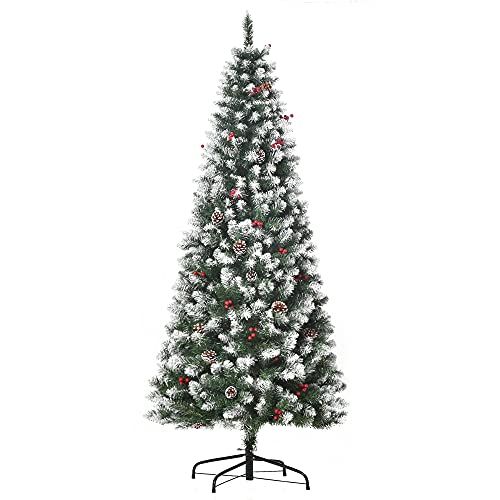 HOMCOM Albero di Natale Innevato Artificiale 180cm con Bacche Rosse e Pigne Bianche, Base Rimovibile Pieghevole, 618...
