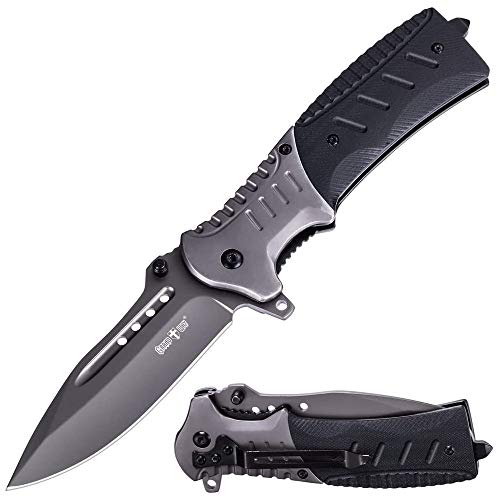 Grand Way Folding Tactical Knife - Spring Assisted Pocket Knives - Stainless Steel Blade with Black Plastic Handle - Best Urban Tourist Knife for Travel Hiking Survival 6783 T
