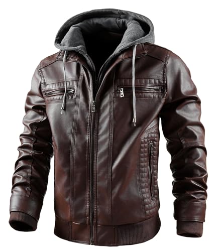 Image of FTIMILD Men's Leather Jacket Motorcycle Jacket Windproof PU Vintage Bomber Jacket with Removable Hood