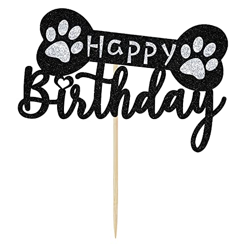 Sarahship Glitter Happy Birthday Cake Topper - Puppy Dog Footprints Birthday Cake Decorations - Funny Decor - Pet Dog Theme Birthday Party Supplies (Black And Silver) #TOP1