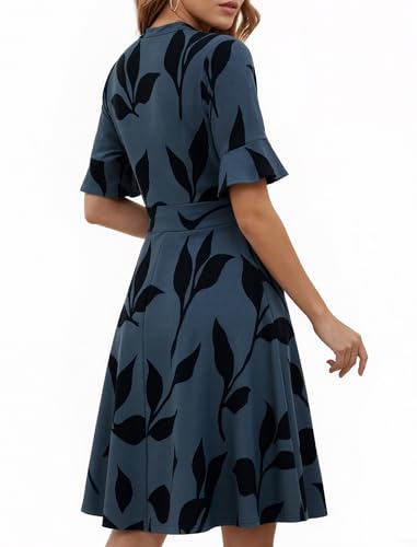 Image of Mokayee Womens Summer V Neck Ruffle Short Sleeve Fit and Flare Knee Length Church Wedding Guest Dresses with Pockets