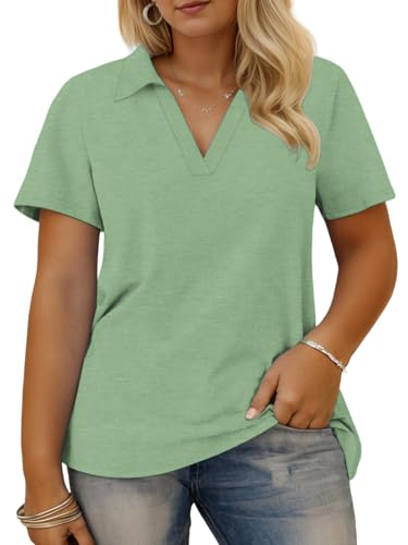 2X Womens Tops Plus Size Summer Casual V Neck Short Sleeve Collared Polo T Shirts Green 2XL