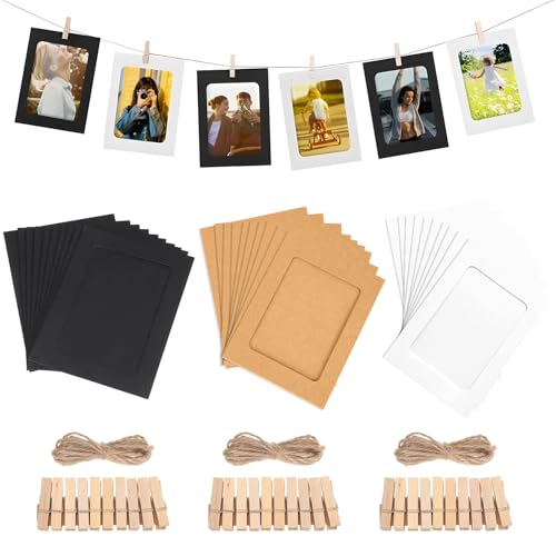 Framad 30 Pcs paper photo frames 4x6, graduation picture banner display (30 Wood Clips and 3 Jute Twine)