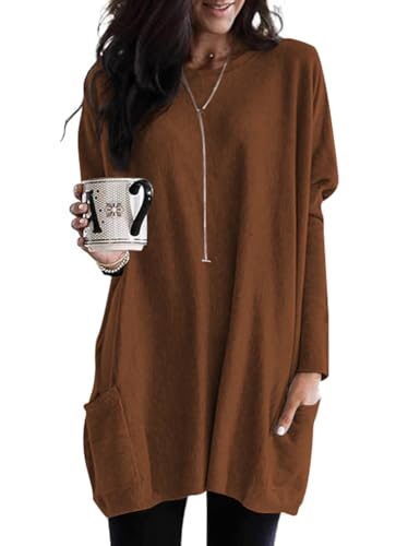 Poetsky Fall Womens Tunic or Tops to Wear with Leggings Long Sleeve Casual Long Shirts with Pockets