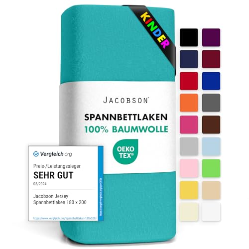 Jacobson Jersey Spannbettlaken Spannbetttuch Baumwolle Bettlaken (60x120-70x140 cm, Türkis)